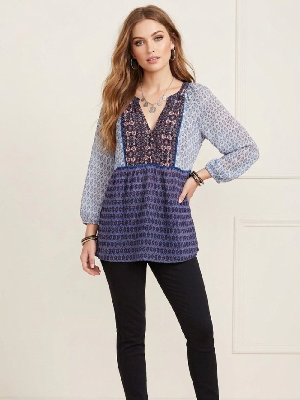 Kenar 3/4 Sleeve Multi-Print Boho Tunic Top Blouse  Size Medium